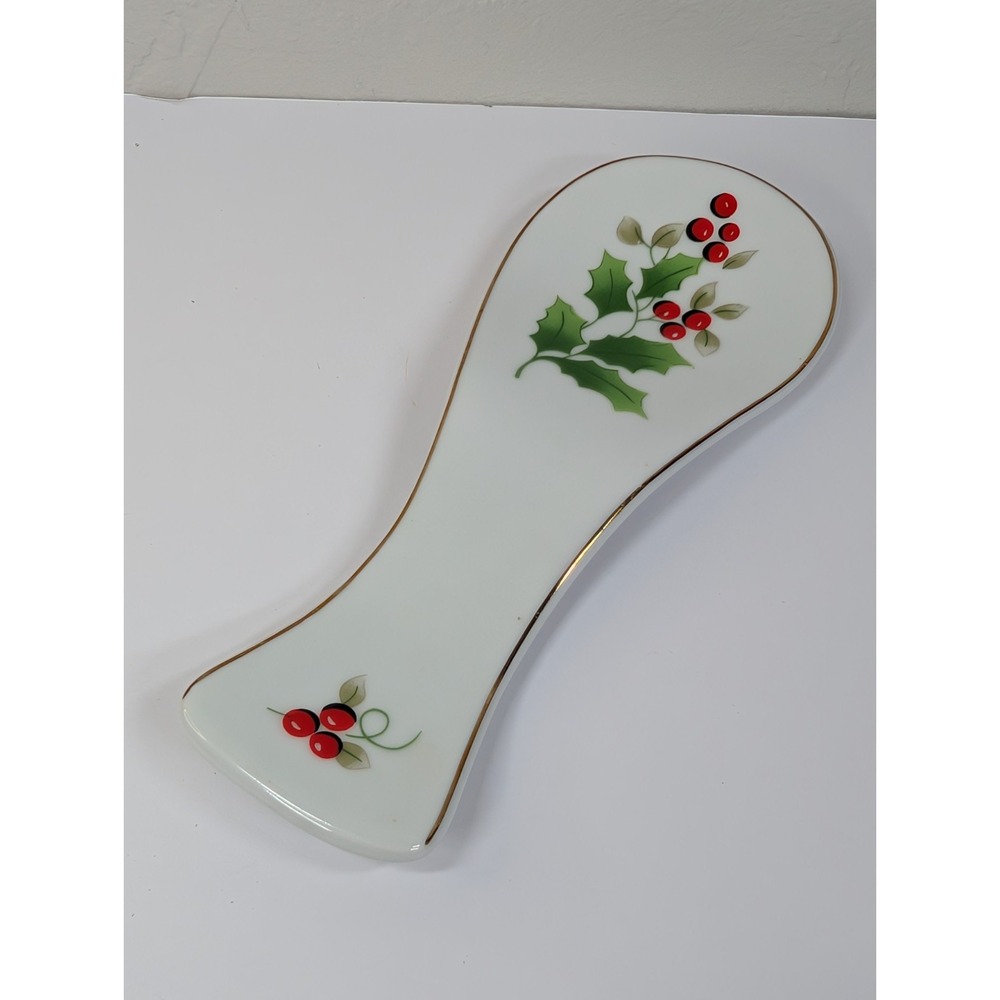 Vintage Royal Norfolk Holly & Berries Porcelain Spoon Rest Edged in Gold 8"